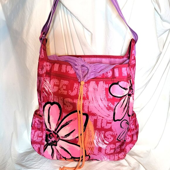 JUSTICE Vintage Girl Women PINK Floral XL Bag Tote Beach Bag w/ Drawstring - Picture 1 of 7